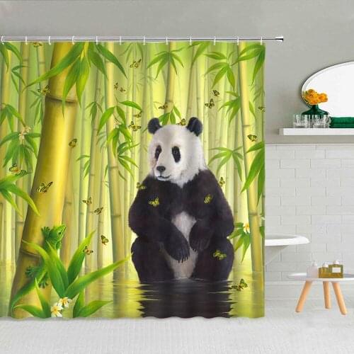 Cute Animal Panda Shower Curtain Green Bamboo Butterfly Flower Waterfall Polyester Bathroom Supplies Hanging Curtains With Hooks