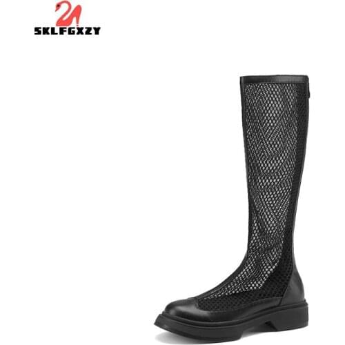 SKLFGXZY Summer European Genuine Leather Womens Boots Knee-high Boots Grid Sexy 100% Cowhide Boots Womens Shoes