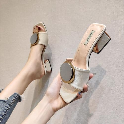 Shoes for women Slip On Slides Low Heel Sandals Metal Buckle Slipper Wooden Block Heels Summer Shoes Women femmes sandales