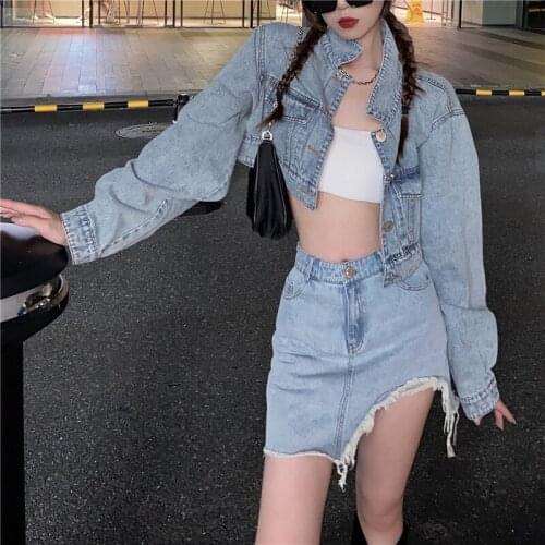 Spring and Autumn Fashion Denim 2 Piece Set Women High Waist Short Jacket and Short Hole Jean Skirt
