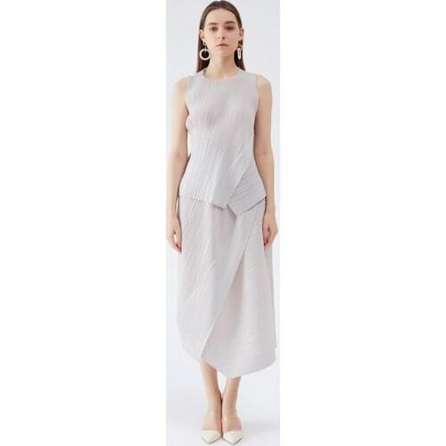 Miyake Pleated Stitching Irregular Sets Women Summer 2021 Plus Size Blouse Pleated Two Piece Long Skirt 2 Piece Skirt and Tops