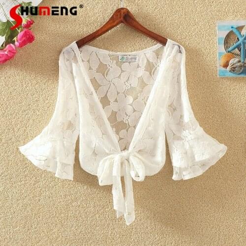2021 Summer Women Lace Short Small Shawl Solid Color Embroidery Coat Cardigan Ladies Fashion Sweet RegularBell Sleeve Top