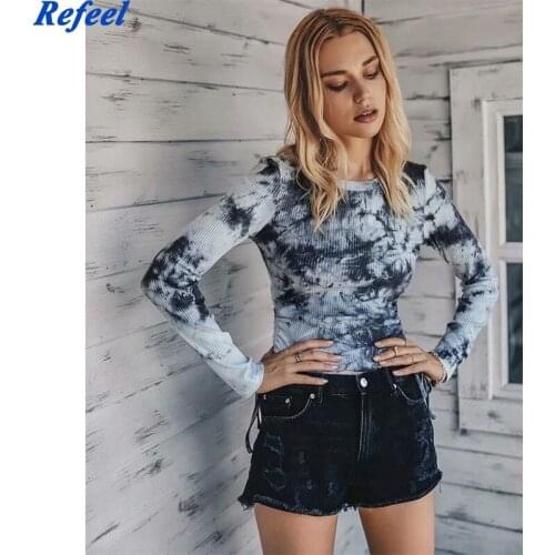 Multicolor drop shoulder tie dye women T-shirts crop autumn winter sweatshirts long sleeve o neck casual cute tops