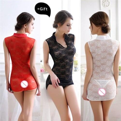 Women Lady Retro Lace Cheongsam Hip skirt Tank Sleeveless Dress Sexy Perspective Slim Fit Nightclub Tight Mini Dress Bodysuit