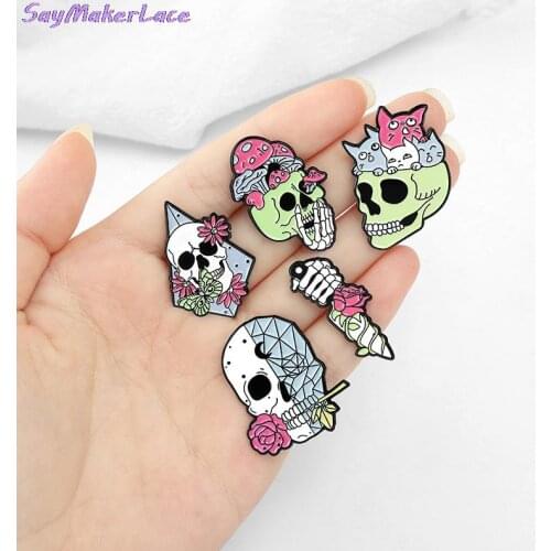 Living Skeleton Enamel Pins Custom Rose Cats Skull Dagger Brooch Lapel Badge Bag броши на пиджак