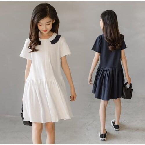 2021 Elder Girsl Designer Cotton Dress for Teenager Solid Preppy Styles One Piece Pleated Dress Summer Clothing