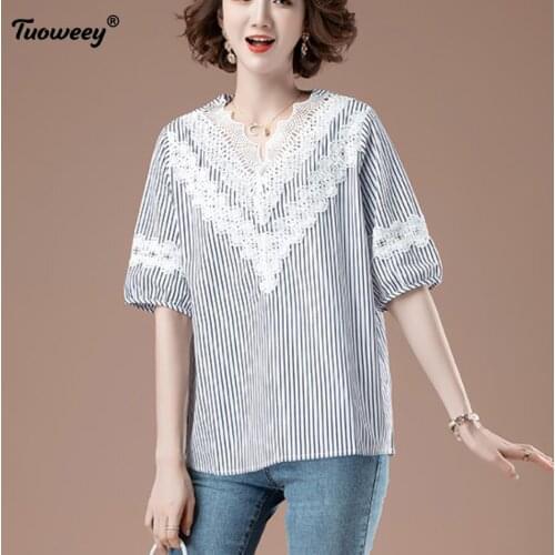 2021 Lady New Spring Summer loose lace Women striped Blouses Female Short Sleeve Shirts Casual Sexy V-Neck Tops Blusas Plus 4XL