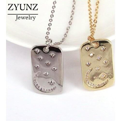 5PCS, women Mens Trendy Pendant Iced Out cz Gold Color Plated Charm Square Dog Tag Necklace chain engraved moon star design