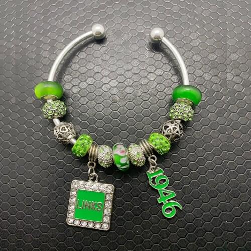 New The Links Incorporated society handmade DIY green big hole rhinestone glass beads open wire bangle bracelet