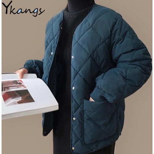 Winter Diamond Lattice Cotton Jacket WomenS Korean Style Round Neck Padded Bread Coat 2020 Loose Solid Color Parka Clothing