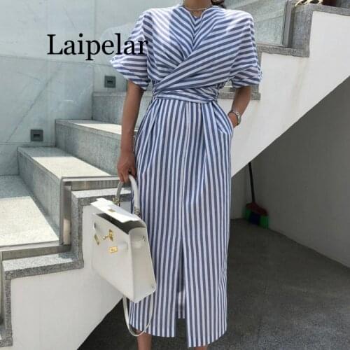 Laipelar Women Summer Cotton Blue Striped Bandage Split Long Dress Female Long Plus Size Robe Femme