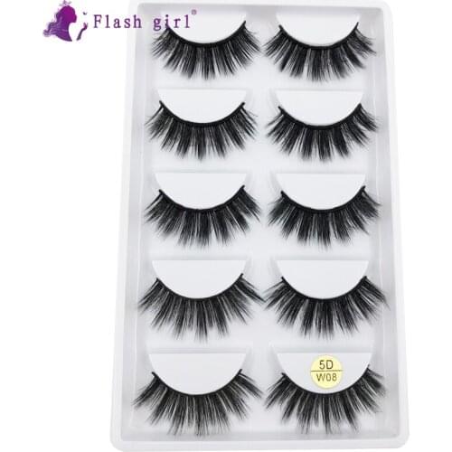 Hot Selling 5 Pairs 5D Mink Eyelashes Reusable Thick Handmade Fake Eye Lashes High Volume Wispy Eyelash Extension 5D-W08