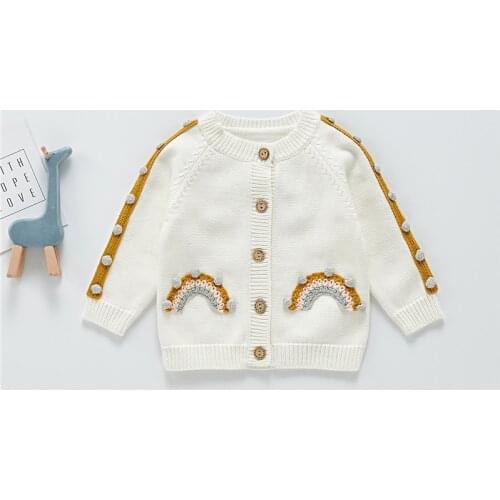 Cute Baby Boys Girls Knitted Cardigan with Rainbow Pattern, Single-breasted Fur Ball Decoration Outwear Spring Clothing 0-3Years