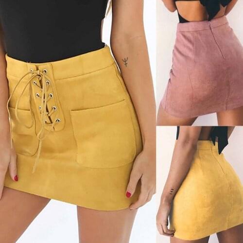 Fashion Summer Women Pleated Seamless Lace Up Solid Clubwear Stretch Tight Sexy Bodycon Mini Skirt Short Pencil Skirt