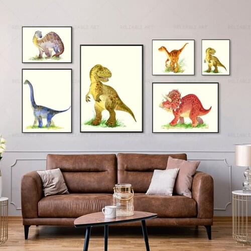 Cartoon Dinosaur Tyrannosaurus Watercolor Painting on Canvas Wall Art Simple Animal Poster for Baby Girl Boy Room Decor Cuadros