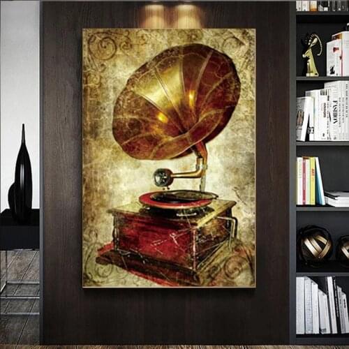 Wall Art Canvas Painting Vintage Antique Gramophone Retro Crafts Metal Wall Picture Bar Coffee Decoration Canvas Picture