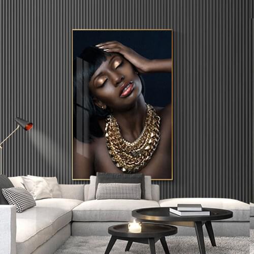 Nude African Woman Gold Girl Necklace Portrait Canvas Painting Cuadros Posters and Prints Wall Art Picture for Living Room Decor