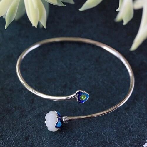 Original Handmade Ethnic Natural Jade Bracelet&Bangle For Women Girl,Elegant Fine Jewels 925 Pure Silver Bangle For Gift