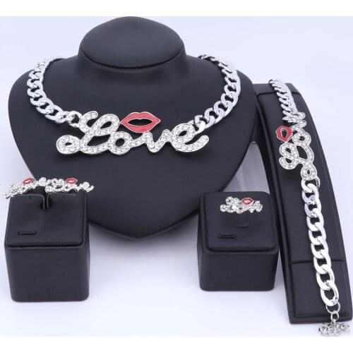 OUHE Hip Hop Fashion Style Luxury Rhinestone Lip Love Collar Necklace Bracelet Earring Ring With Silver Color Chain Jewelry Sets