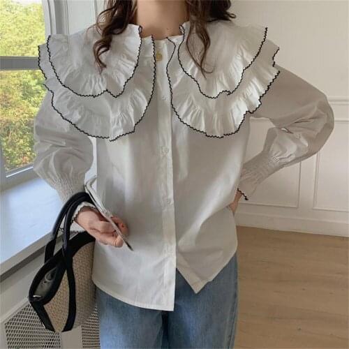 Alien Kitty Korea White New Design Elegant Shirts Ruffles Peter Pan Collar Preppy Style Hot 2021 Autumn Streetwear Women Tops