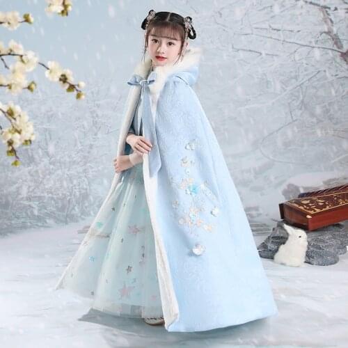 Hanfu Quilted Girls Hooded Cape winter new Embroidery Thicken Cloak Chinese Children Ancient Warm Mantle Kids New Years Wear