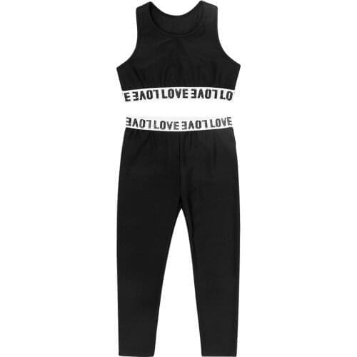 Kids Girls Gymnastics Athletic Outfit Clothing Letter Printed Sleeveless Tanks Crop Top with Leggings for Ballet Dance Wear