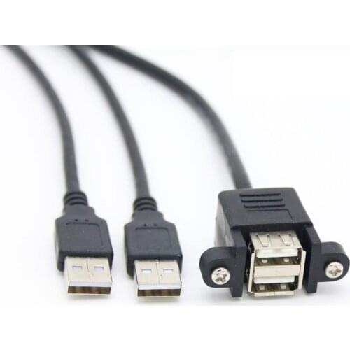 Dual-port USB2.0 A Male to Female extension cable with ears, with screw holes to fix the double-layer USB extension baffle cable