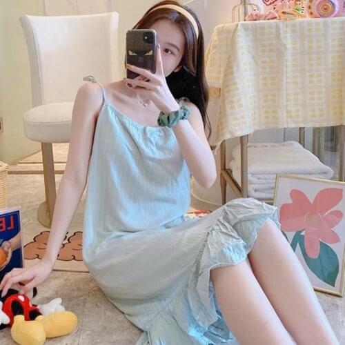Chest pad sexy sling dress sweet girls cotton nightdress casual loose sleepwear nightgowns women ruffle princess dresses
