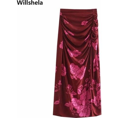 2021 Women Vintage Floral Printed Skirt Fashion High-waist Draped Pleated Elegant Chic Lady Slit Midi skirts Woman jupe