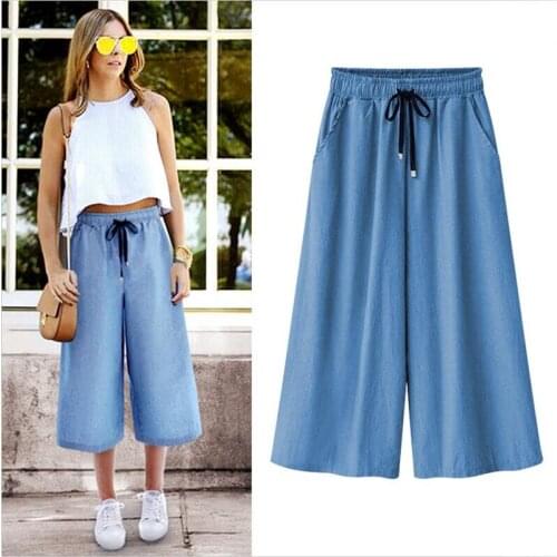 High Street 2020 Women Trousers High Waist Wide Leg Jeans Solid Calf-Length Pants Female Casual Large Sizes Pants M-7XL