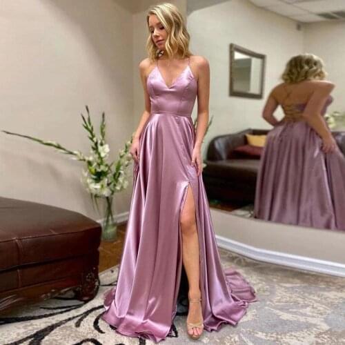 Sexy V-Neck Plus Size High Split A-Line Prom Dresses Floor Length Backless Formal Gowns Spaghetti Straps Vestidos De Festa