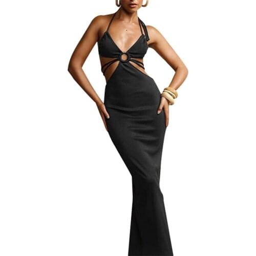 Women Sexy Ribbed Halter Dress Summer Sleeveless Backless Tie-up Solid Color V-neck Cutout Long Dress Khaki/Green/Black