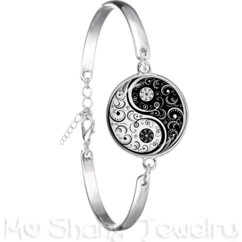 YinYang Bracelet Black And White Flower Symbol Silver Plated Bangle Natural Rustic Symbolizing Harmony Creative Gift