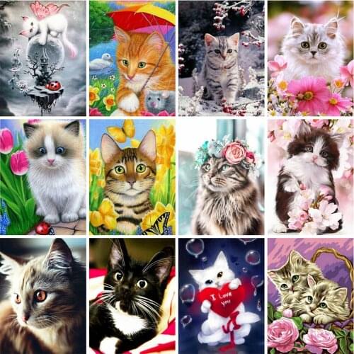 EverShine Diamond Painting Cat Cross Stitch Diamond Embroidery Full Square Drill Animal Mosaic Kits Flower Needlework Wall Art