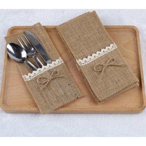 Hot Sale 20PCS Country Wedding Table Silverware Holder Natural Burlap Cutlery Pockets Fork Pockets Rustic Wedding Decoration