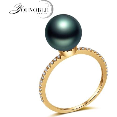 Real Wedding 18K Yellow Gold Rings Black Tahiti Pearl,Luxury Pearl Ring Fine Jewelry Anniversary Women Girls Gift