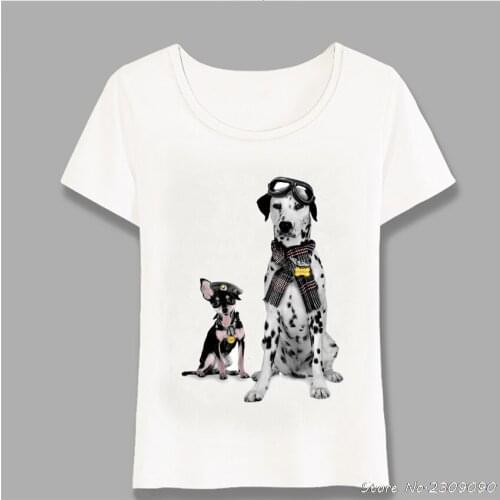 Chihuahua And Dalmatian Flight Pilot Print T-Shirt Summer Fashion Women t-shirt Hipster Dog Casual Tops Cute Female Tee Harajuku