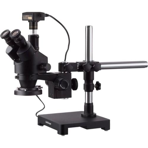 AmScope 7X-45X Black Trinocular Stereo Zoom Microscope on Single Arm Boom Stand + Fluorescent Ring Light + 18MP USB3.0 Camera