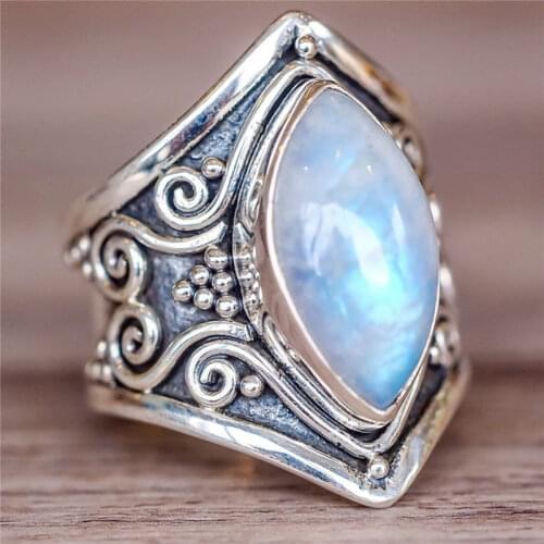 Milangirl Boho Antique Indian Moonstone Ring Vintage Color Big Carving Rings For Women Fine Jewelry Girls Ladies