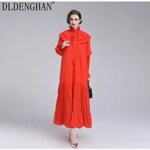 DLDENGHAN Fashion Runway Designer Autumn Loose Dress Women Stand Collar Lantern Sleeve Ruffles Red Vintage Maxi Dresses