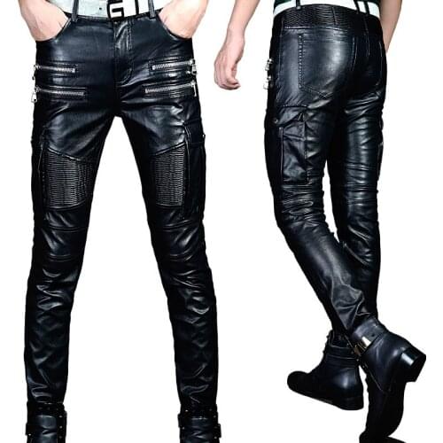 27-44 2018 new mens clothing fashion plus size locomotive punk PU tight casual leather pants trousers plus size singer costumes