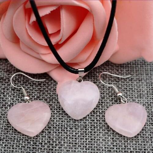 Romantic Style Silver Plated Love Heart Rose Pink Quartz Pendant Rope Chain Necklace Earrings Amethysts Jewelry Sets