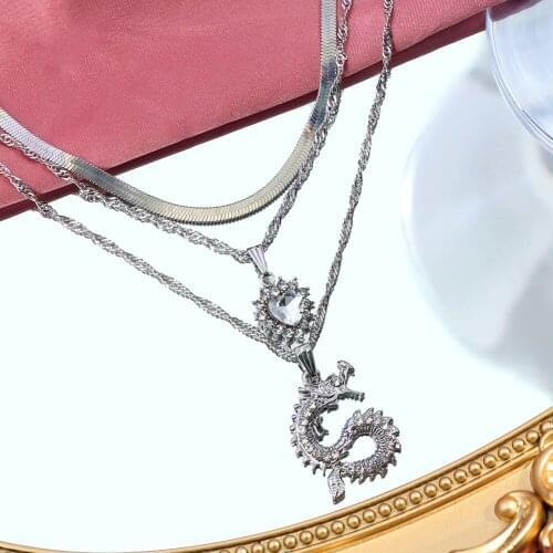 JUST FEEL Vintage Silver Color Dragon Crystal Pendant Necklace Women Multilayer Heart Rhinestone Choker Necklace Jewelry Gift