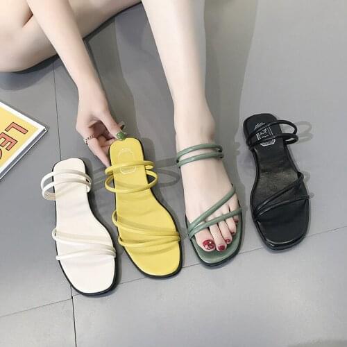 Summer 2019 new simple word with flat sandals womens thin belt flat with womens shoes Roman shoes open toe sandals