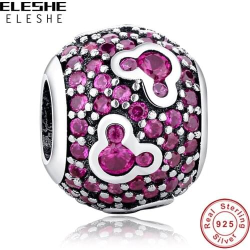 ELESHE 925 Sterling Silver Sparkling Pink Cubic Zirconia Crystal Bead Fit Original Charm Bracelets Women DIY Jewelry Making