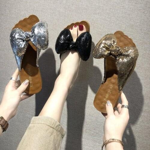 Apanzu Women Summer Slippers 2021 Fashion Outdoor Shiny butterfly-knot Slippers Leisure Flat Beach Flip Flops Sweet Women Slides