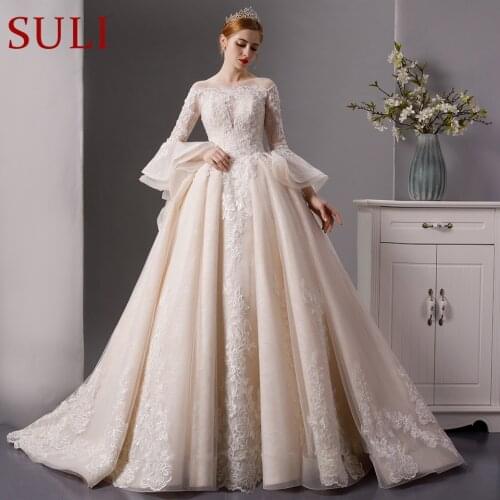 SL-6069 Vintage Lace Long Sleeves Bridal Gown Beaded Crystal Ball Gown Wedding Dresses 2019