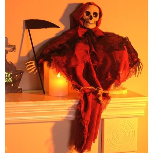 Halloween Decoration, Death Skeleton in Red Clothes with Sickle Haunted House Props for Home, Restaurant, Bar 2021 New Fashion