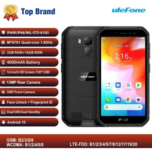 Ulefone Armor X7 IP68/IP69K Rugged Mobile Phone 5" Android 10 MTK6761VWE Quad Core 2GB+16GB Face ID 4000mAh 4G Smartphone NFC
