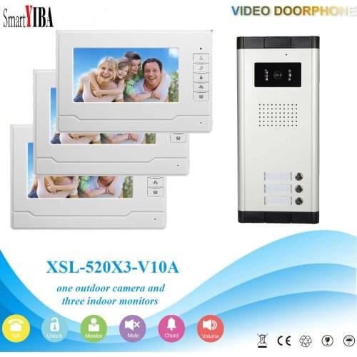 SmartYIBA Video Intercom 7''Inch Wired Color Video Door Phone Video Doorbell Phone Intercom System Kit 3 monitors+1 IR camera